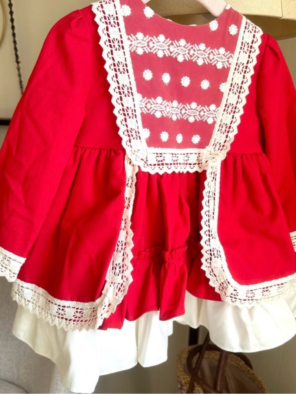 Red Lace-Trim Girls' Formal Dress with White Underskirt